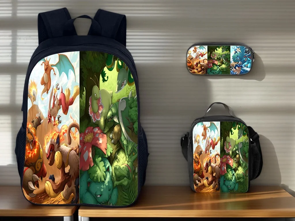 

Легкий студенческий рюкзак Pokem_on и мультяшный ланч-бокс, пенал, набор из 3 предметов, рюкзак для детей унисекс