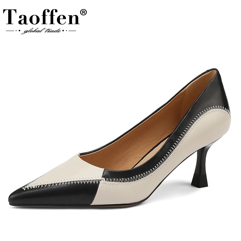 Taoffen Size 34-43 Women High Heel Shoes Real Leather Mix Color Winter Shoes For Woman Fashion Office Ladies Pumps Footwear