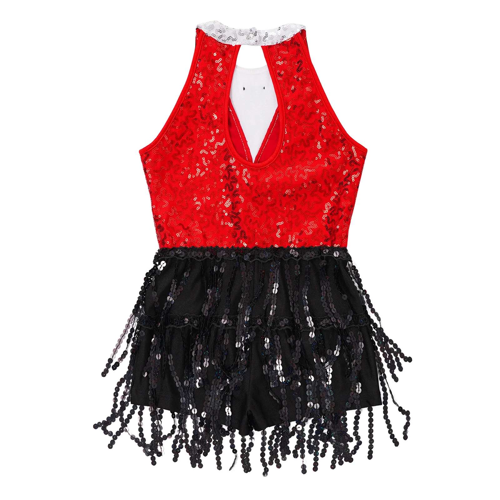 Child Girls Sleeveless Shiny Sequin Tassel Boyshorts Dress Latin Jazz Dance Cha-cha Samba Stage Performance Costume Dancewear