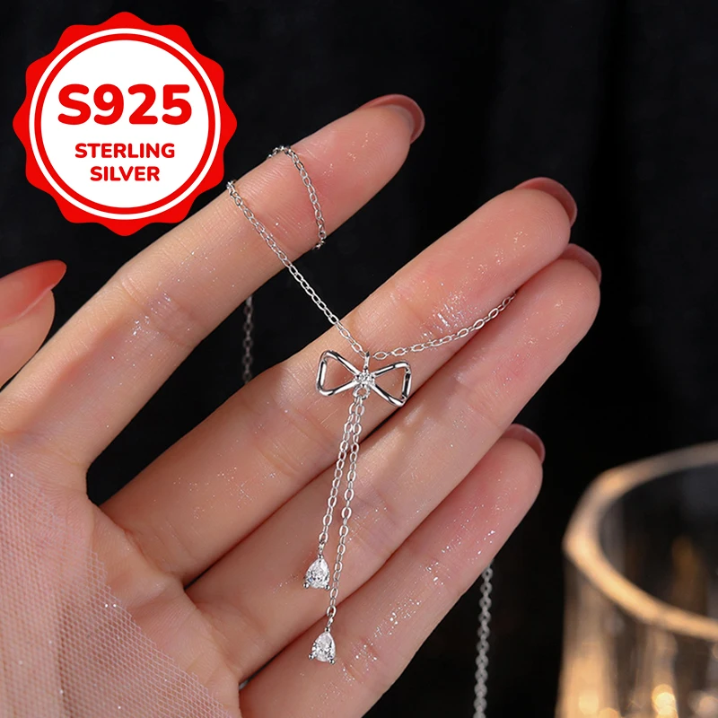 

s925 sterling silver bow tassel water drop necklace women light luxury classic elegant fashion retro simple casual daily life