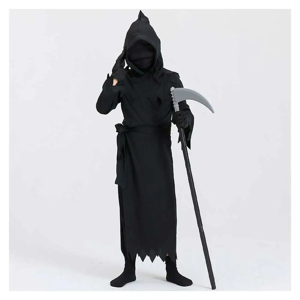 Death Cosplay Costume para Crianças, Role Play, Foice Vestuário, Performance de Palco Assustador, Fantasia Roupas, Óculos para Meninos, Atacado