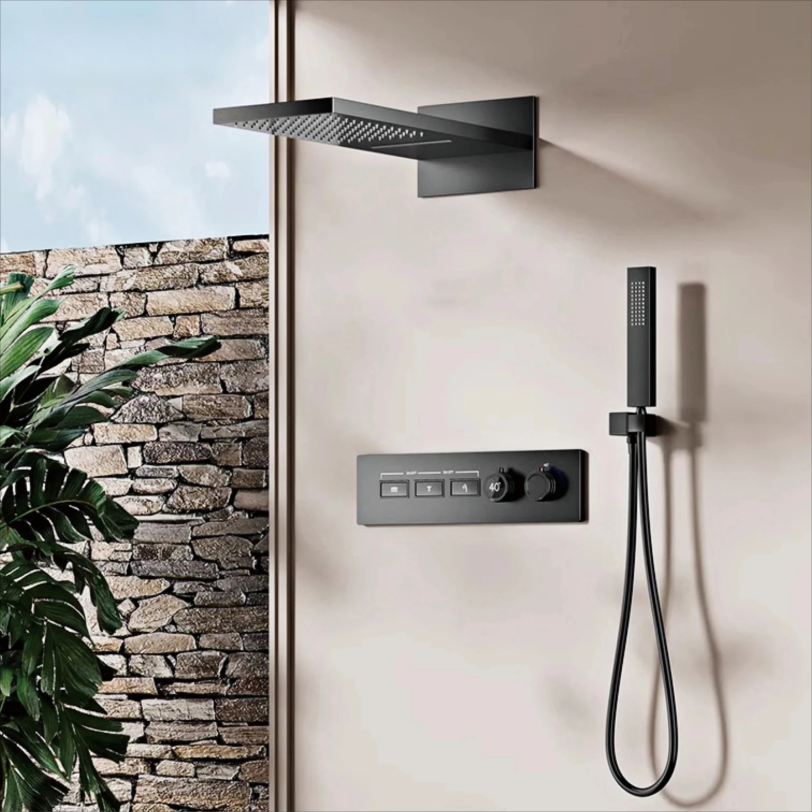 

Gun gray brass wall mounted constant temperature LED digital shower system Modern Hidden Installation Anti-Scald Rain Shower Set