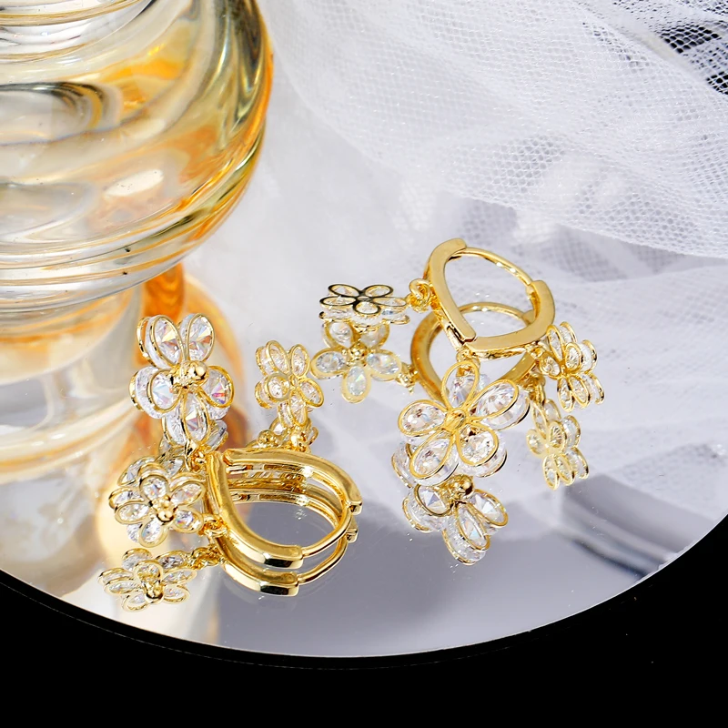 JUWANG Fashion trends exquisite luxury flower ear stud buckle temperament zircon charm elegant earrings delicate fine pendant