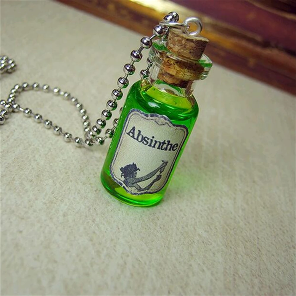 Absinthe Glass Bottle Necklace Charm Glass Cork Vial Pendant Absinthe Green Fairy Drink