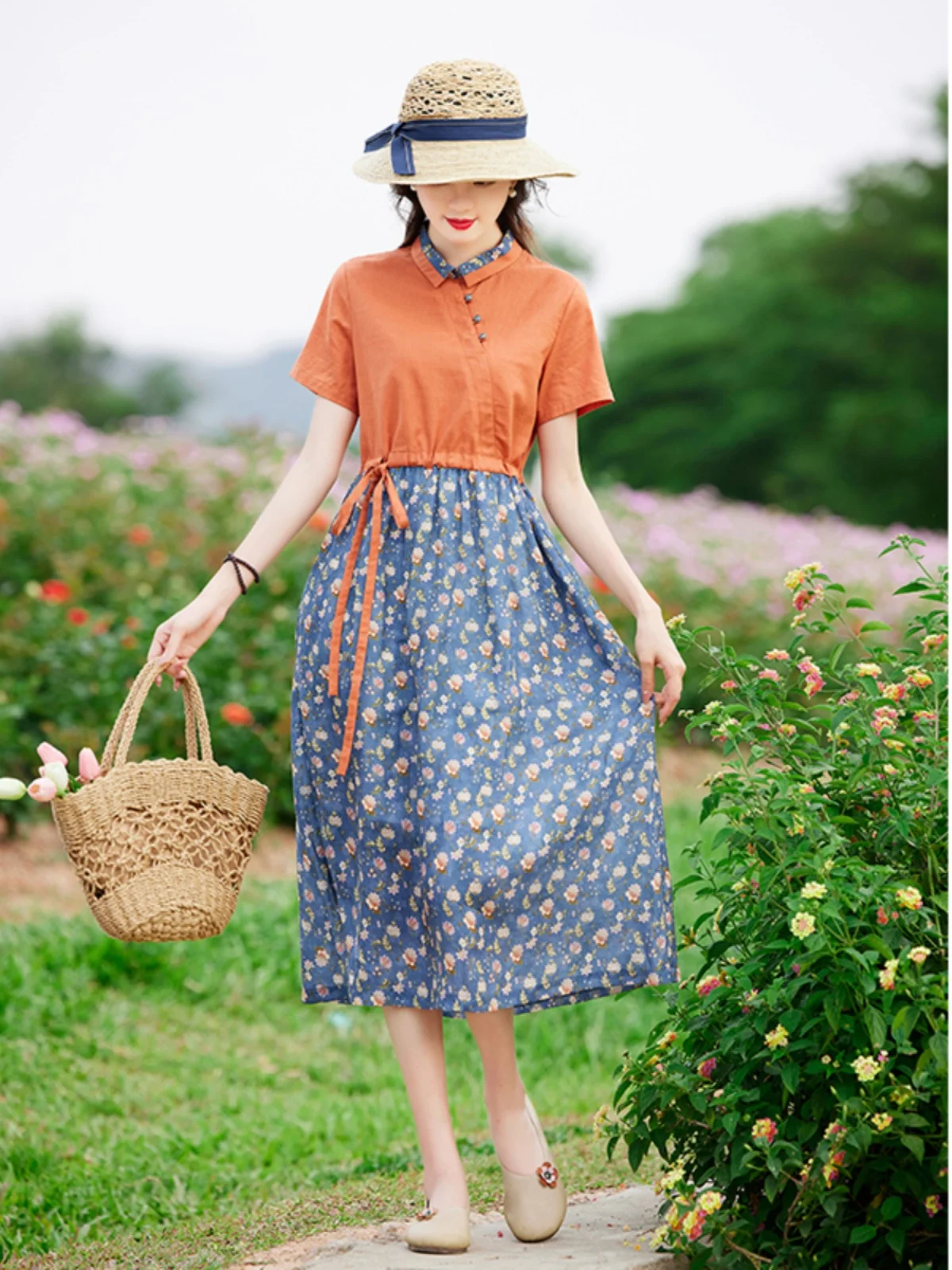 Bloemenprint Katoen Lin irt Dr Taille Cinched Kleur Blo Zomer halflange kraag Vakantie Sle Dames Dr