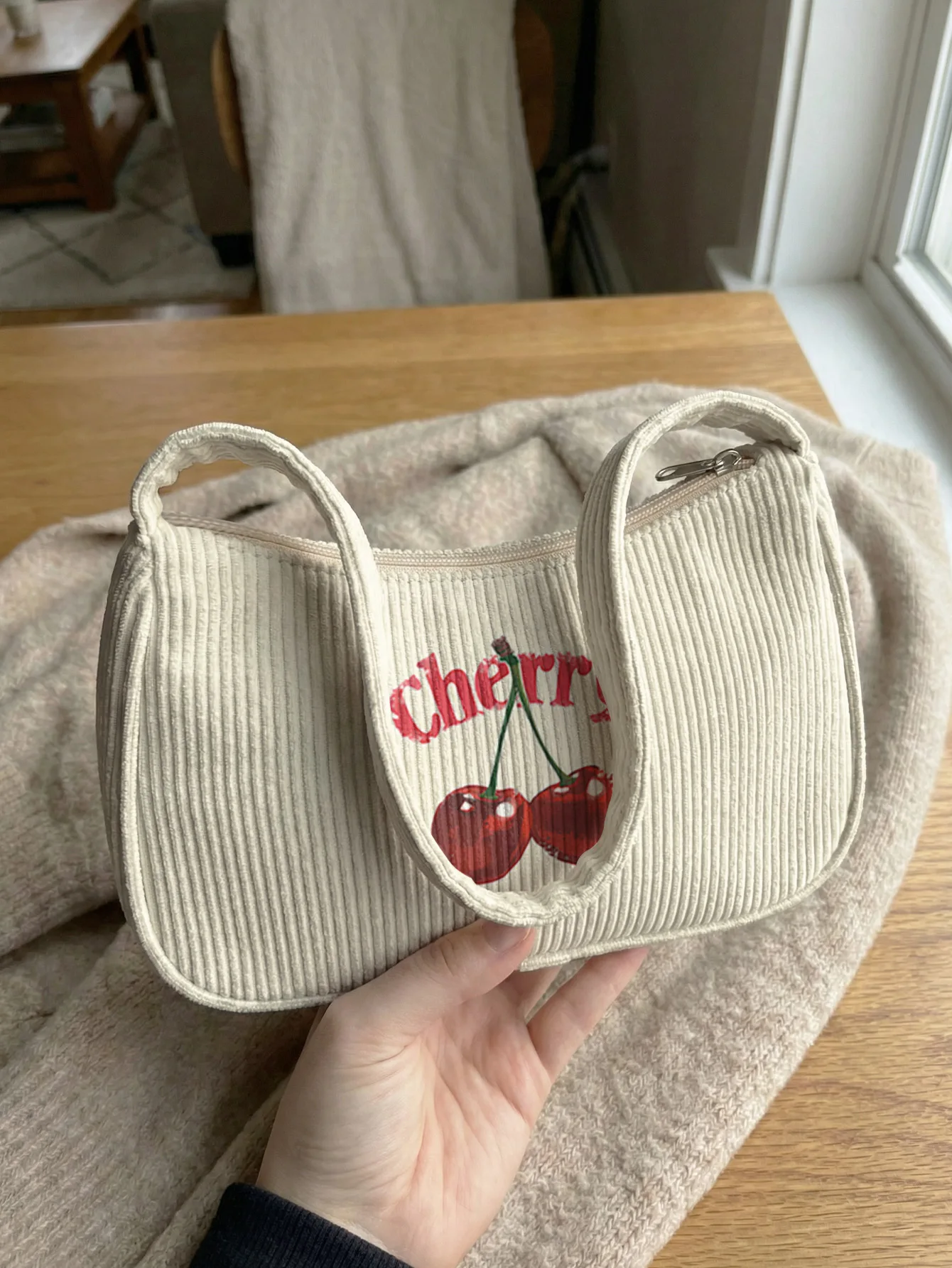 Trendy Cherry Print Shoulder Bag, Corduroy Underarm Bag for Daily Casual Use
