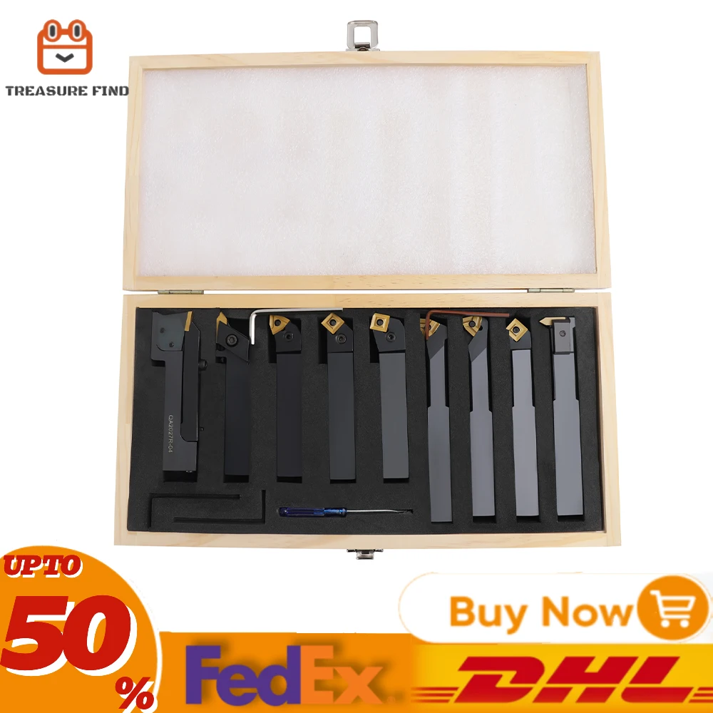 Portable Lathe Turning Tool 9 Pieces Indexable Turning Tool Set with Storage Case for Turning Grooving Threading Carbide Inserts