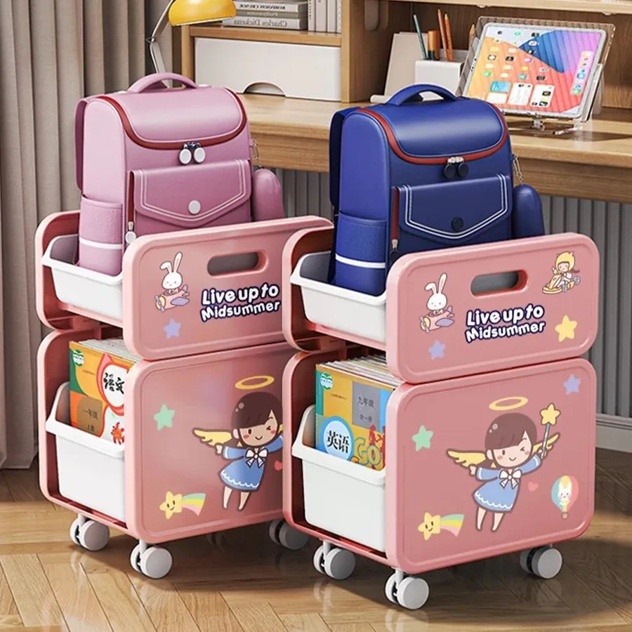 Mobile Book Storage Cart Cartoon Sticker Organizer Removable Trolley Home Bookshelf Schoolbag Storage Rack for Bedroom Desktop