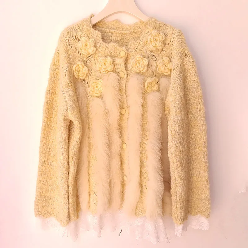새로운 리얼 폭스 퍼 트리밍 롱 니트 귀여운 가디건 여성용 O넥 긴팔 꽃 장식 버튼 가디건 스웨터