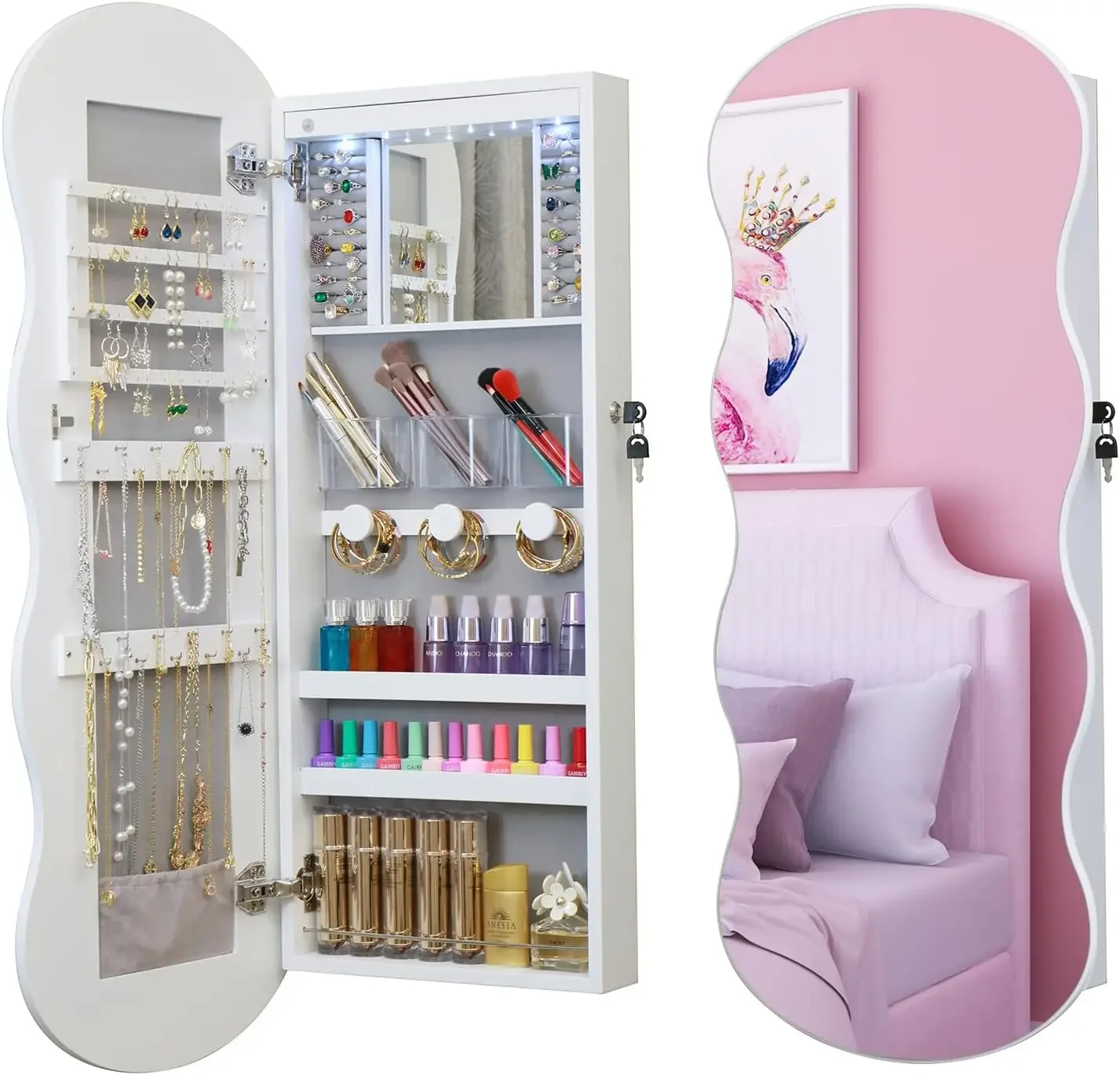 Jewelry Armoire Cabinet, LED Jewelry Organizer, Wall or Door Mounted, Full-Length Lockable, Wavy Mirror, Make-up Mirror With Mag