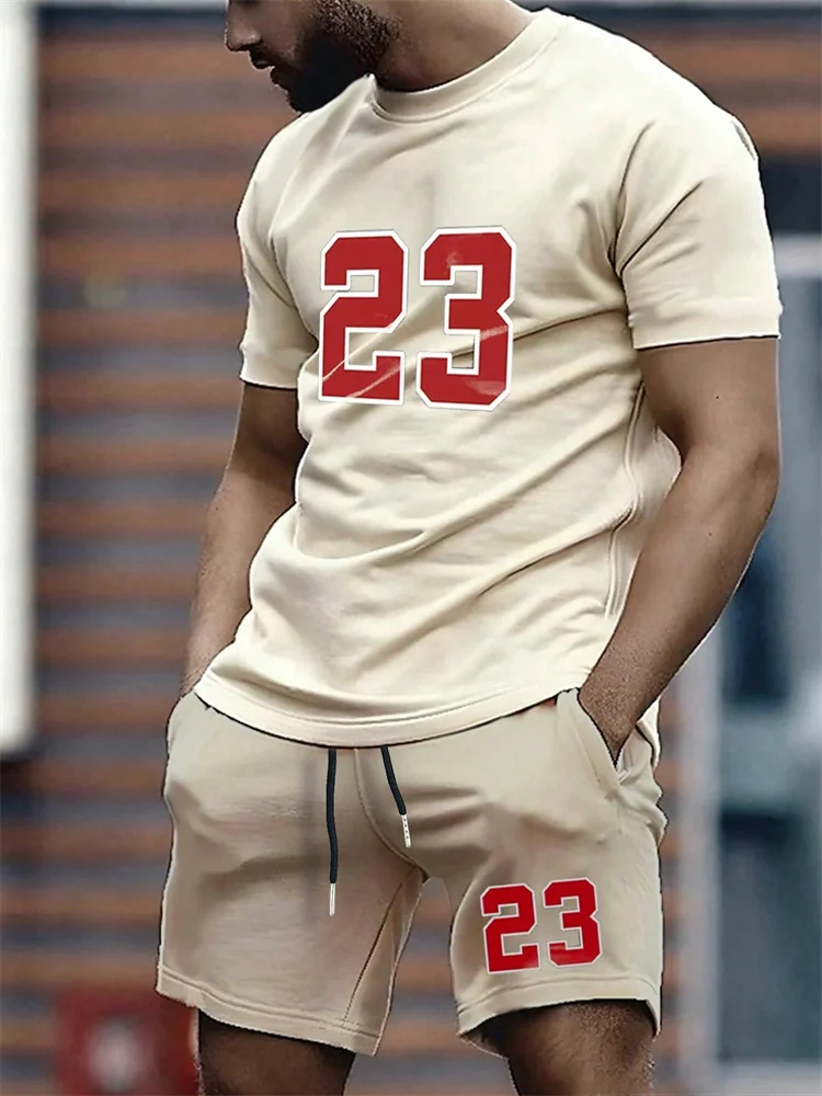 

Summer Mens Short-Sleeve T-Shirt and Shorts Set No. 23 Printed T-Shirt Round-Neck T-Shirt with Side Pockets Elastic Waist Shorts