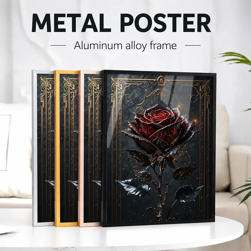 Elegant Dark Red Rose Featuring Gold Border Framed Metal Print Personalized Photo Scenic Style Wall Art For Office Traveler Gift