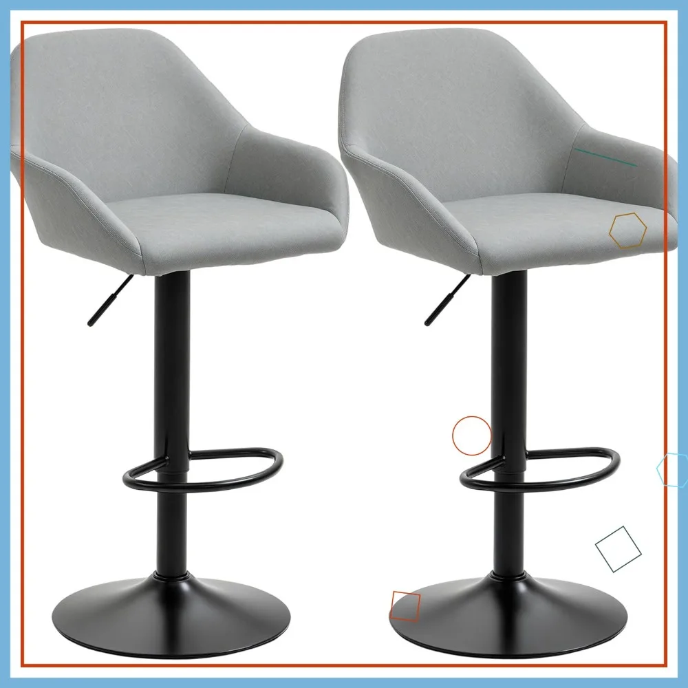 Regulowane krzesła barowe obrotowe z podnóżkiem i oparciem, stołki kuchenne o wysokości blatu z ekoskóry, zestaw 2 szarych