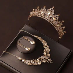 Full Of Charming Style Vintage Classical Champagne-color Ladies' Tiara Necklace Earrings 4 Pcs Set For Wedding Bride