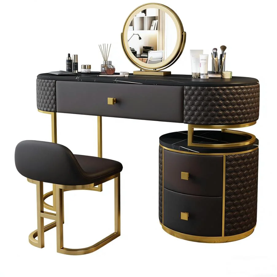 

%Modern European Solid Wood Dressing Table Set Lighted Adjustable Mirror Padded Stool Storage Eco-Friendly Multifunction Vanity