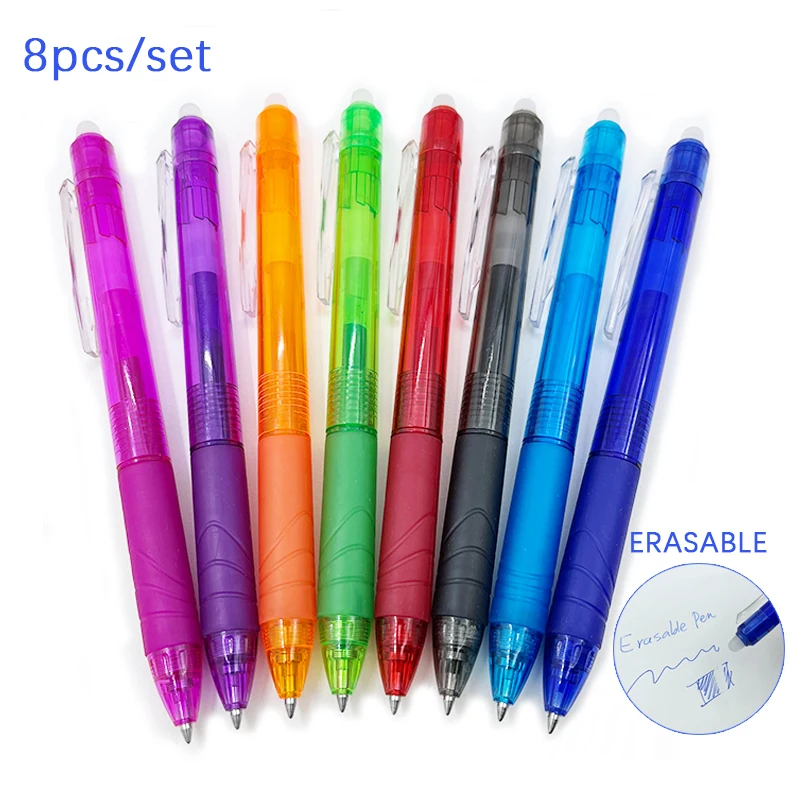 8Pcs/Set Erasable Gel Pen 0.5mm Bullet Tip Press Type Large Capacity Refill Rod 8 Color Writing Drawing Painting Washable Handle