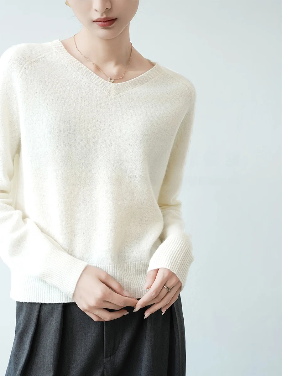 

XALI Soft Wind irt adow Women's Full Wool V-ne Base irt Winter Loose Cozy Inner Knitted Sweater Straight Tube Sle