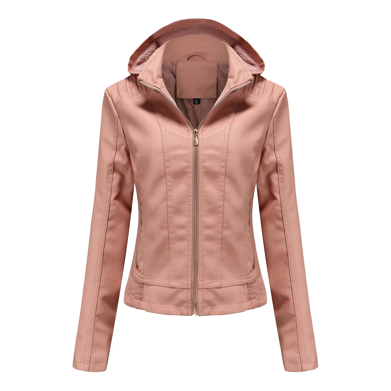 Aw2023 hooded leather women\'s detachable hat zipper long sleeve plush leather jacket European size slim fit coat