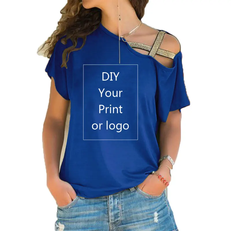 New DIY Your like Photo or Logo Customized Print T Shirt for Women Tee T-shirt Femme Irregular Skew Cross Bandage Size S-5XL Top