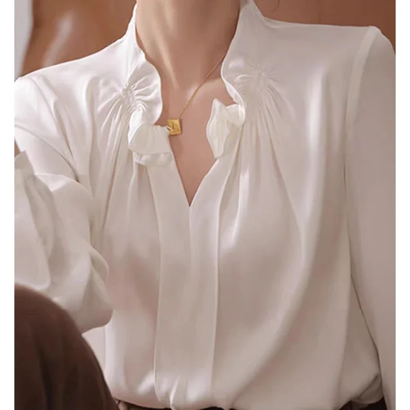 EVNISI Woman Elegant V-neck White Blouse Casual Long sleeved Office Shirt Loose Chic Party Pullover Tops For Woman 2024 Spring