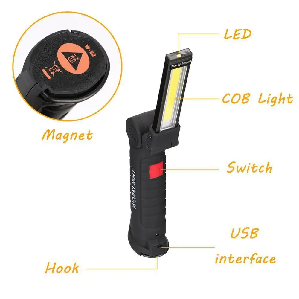 New Portable COB LED Flashlight USB Rechargeable Work Light Magnetic Lanterna Hanging Lamp with Built-in Battery Camping Torch