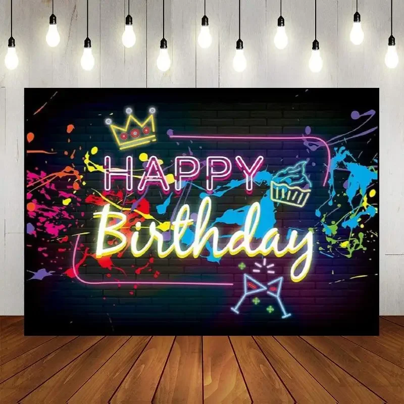 

Neon Glow Birthday Backdrop Colorful Painting Graffiti in The Dark Splatter Retro Happy Birthday Photography Backgrounds Banner