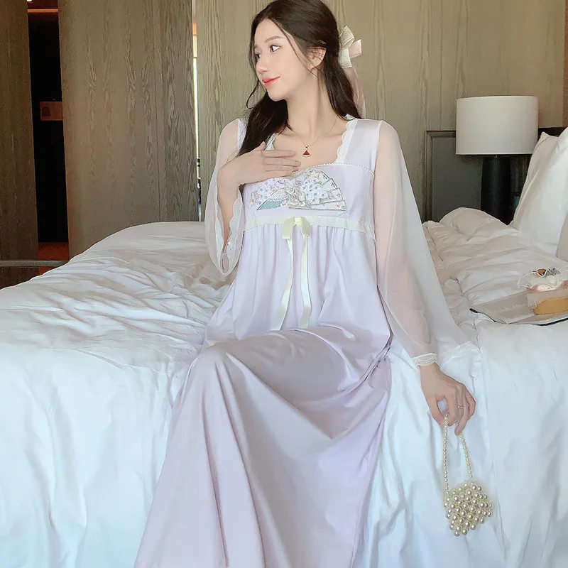 New Chinese Style Pajamas Spring Thin Modal Sleepwear Square Neck Hanfu Long Sleeved Nightgown Sweet Home Suit Women's Clothing