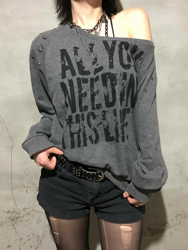 Y2k Aesthetic Rivet Skew Collar Hoodie Women Dark Grey Letter Print Streetwear Hoody Harajuku Casual Loose Vintage Sweatshirts