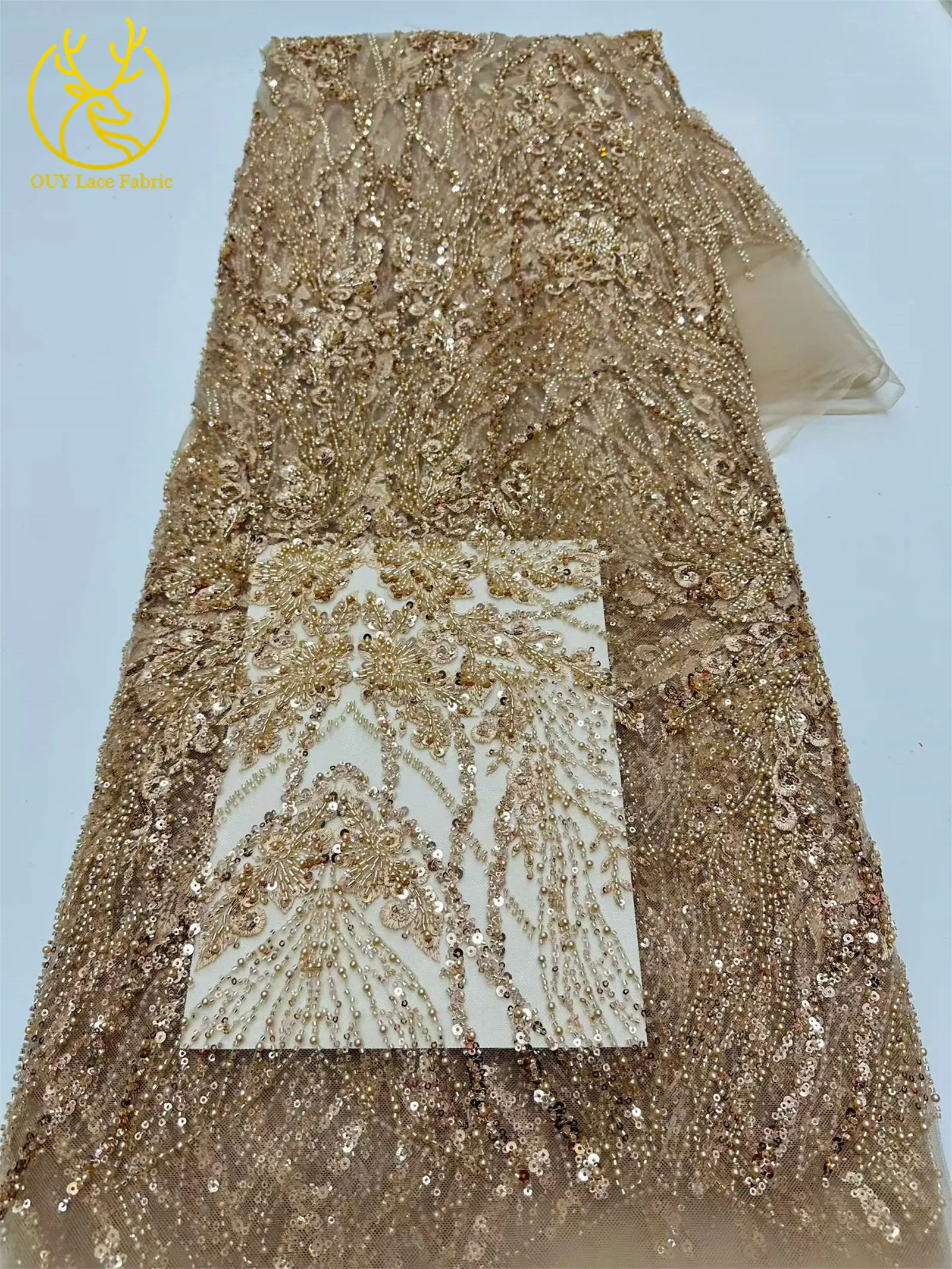 Hochwertiger roter afrikanischer handgefertigter bestickter Perlen-Spitzenstoff 2026 Nigerianische Pailletten-Spitze für Damen Hochzeit Nähen 5 Yards – Detail 14
