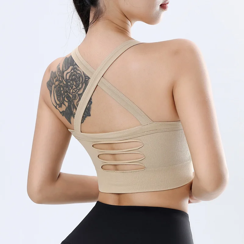 Women Sport Bras Seamless Yoga Bra Breathable Shockproof Underwear Padded Running Tank Tops Cross Straps Gym Fitness Vest Female