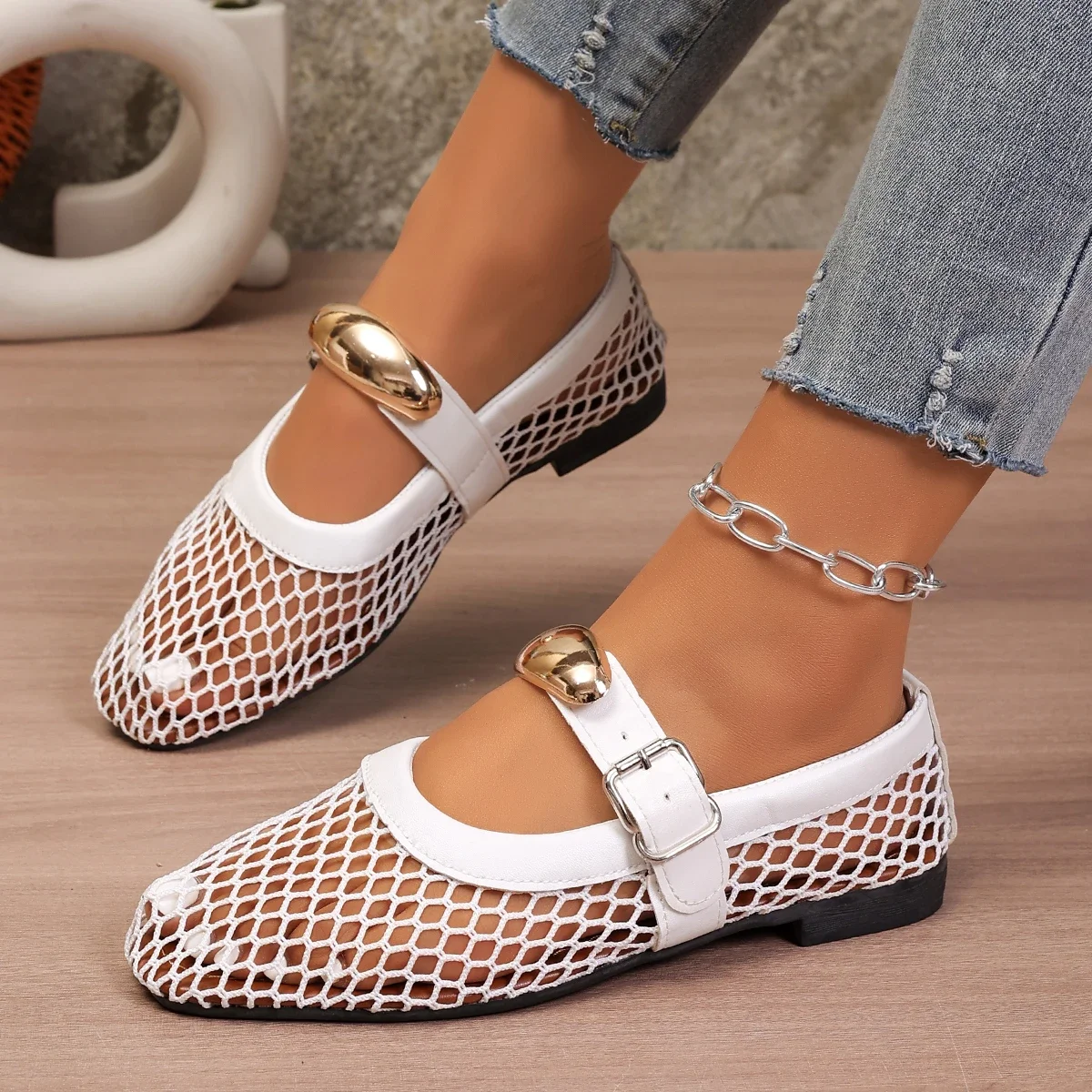 2025 New Women Sandals Net Flat Fashion Sandals Summer Round Head Breathable Shoes  Line Button Mary Jane Fishnet Shoes Ladies