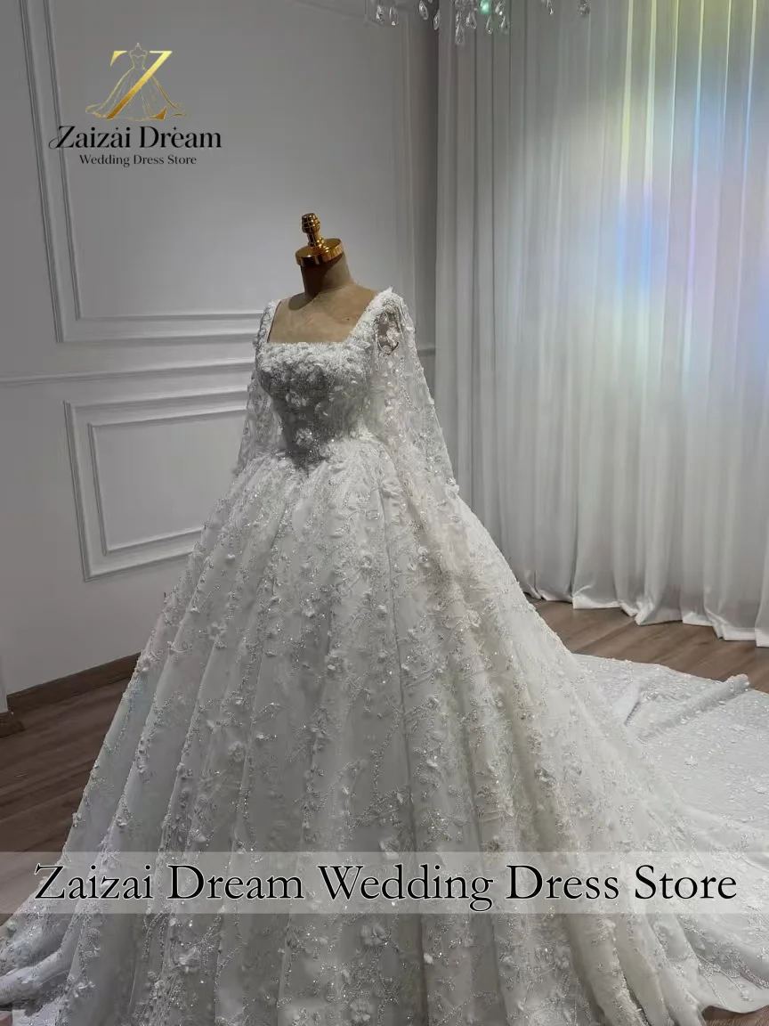 Customized  Luxury Sparkly Ball Gown Wedding Dress Square Neck Long Sleeves 3D Floral Lace Beaded Bridal Gown Vestido De Novia