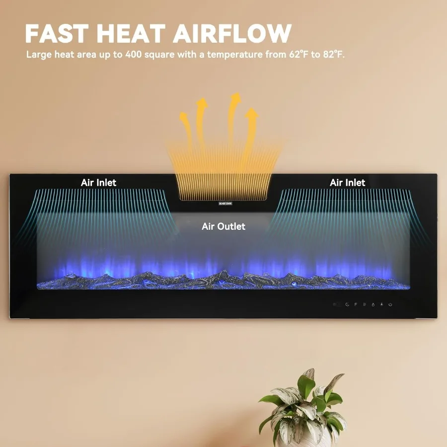 50 Inch Electric Fireplace Wall Mounted and Recessed LED Fireplace with Remote Control 8h Timer 12 Flames Touch Screen InWall F