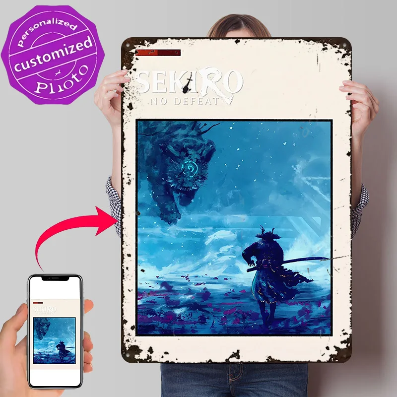 Sekiro No Defeat Samurai Vs Tiger 3D Texture Printed Poster Custom Vintage Metal Tin Plate Sign for Wall Art Room Decoration Man