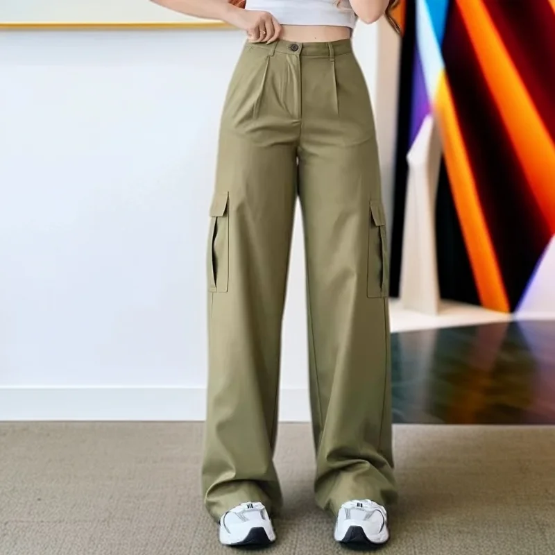 New Straight Cargo High Waist Baggy Trousers Casual Wide Leg Slim Vintage Streetwear Pocket Fashion Women Casual Pants