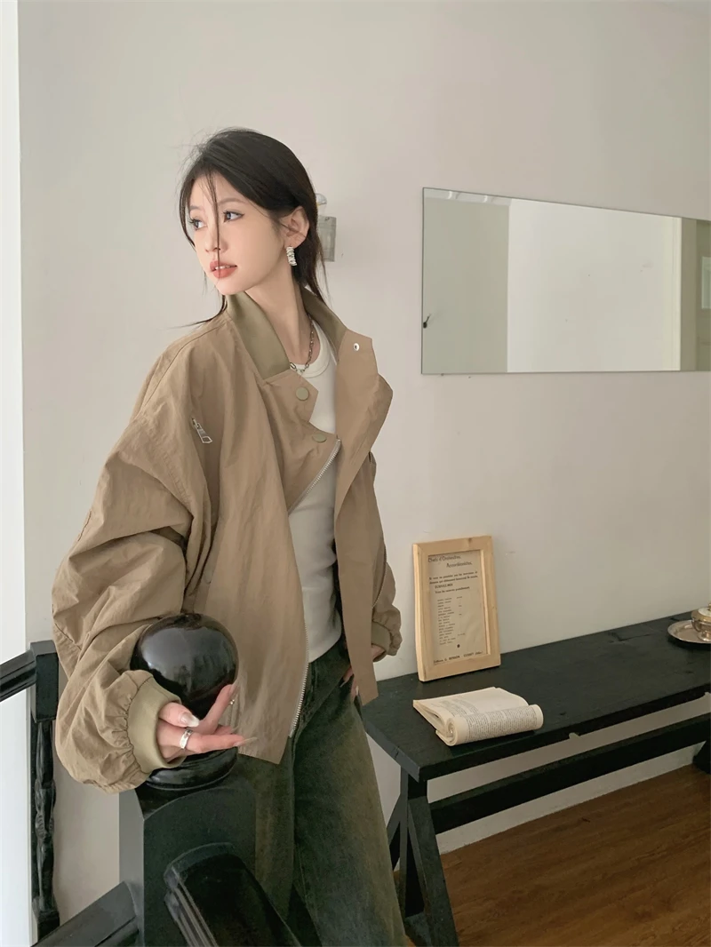 

Women's Retro Design Zipper Coat Spring Autumn Casual Top Vintage Outerwear Female Long Sleeved Loose Jacket