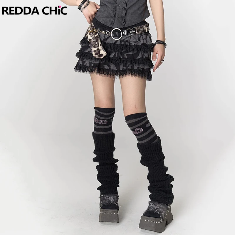 

REDDACHiC Gothic Stitch Lace Cake Skirt Summer Retro Black Elastic Waist Built-in Shorts Tiered Mini Skirt Emo Dark Punk Clothes