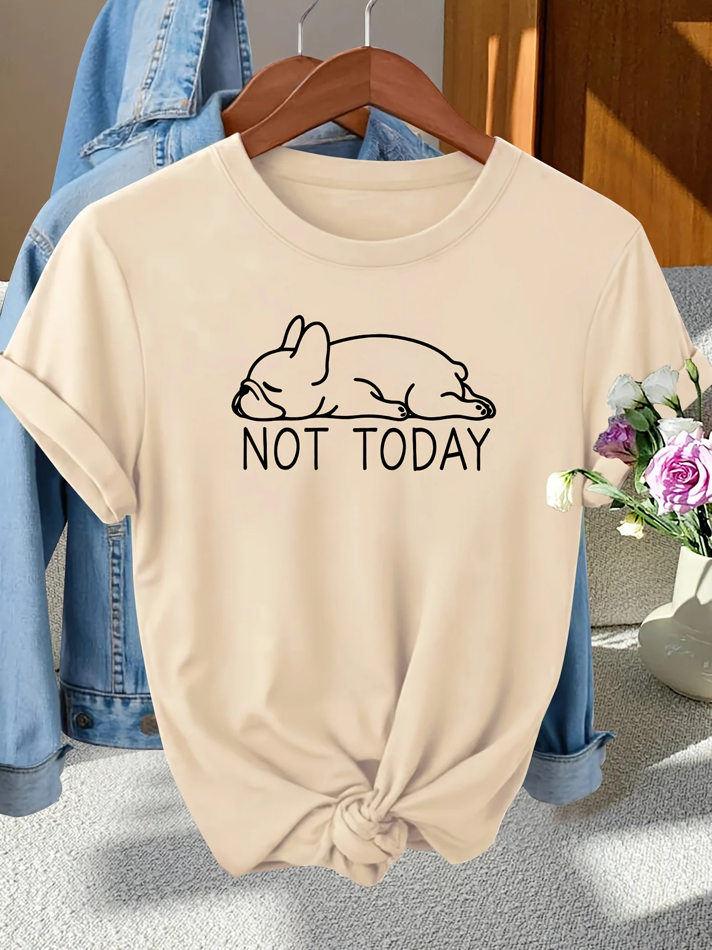 Not Today French Bulldog Women's Tee - Lazy Dog Graphic, Casual Gray Top