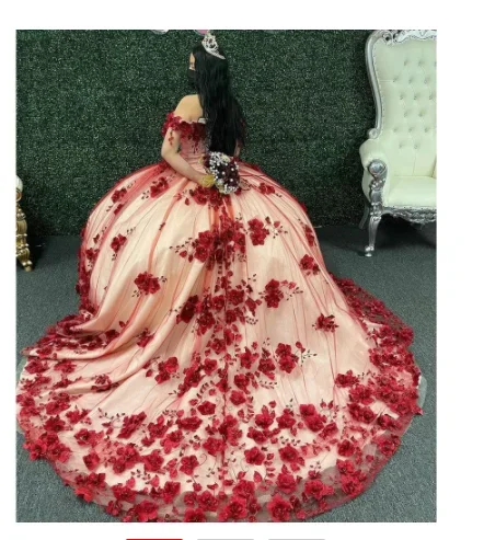 Luxury Off-Shoulder Ball Gown Quinceanera Dresses For 15 Party Romantic 3D Flower Lace Cinderella Princess Birthday Party Gowns