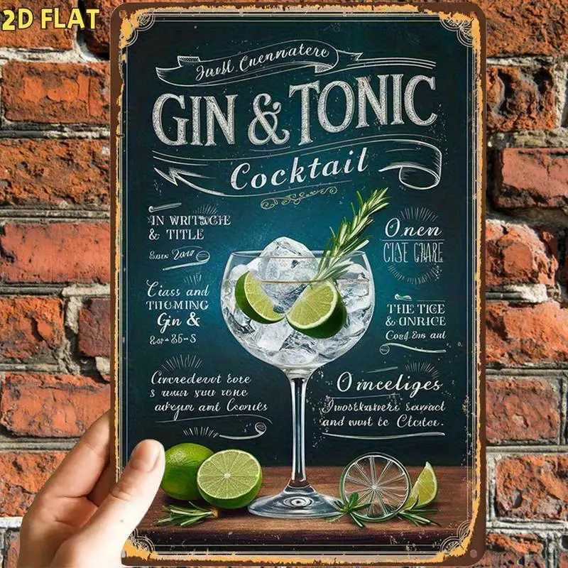 Retro Gin Tonic Cocktail Themed Metal Plaque, 2D Flat Design, Pre-drilled for Easy Hanging, Ideal for Bar, Kitchen, Garden, Home