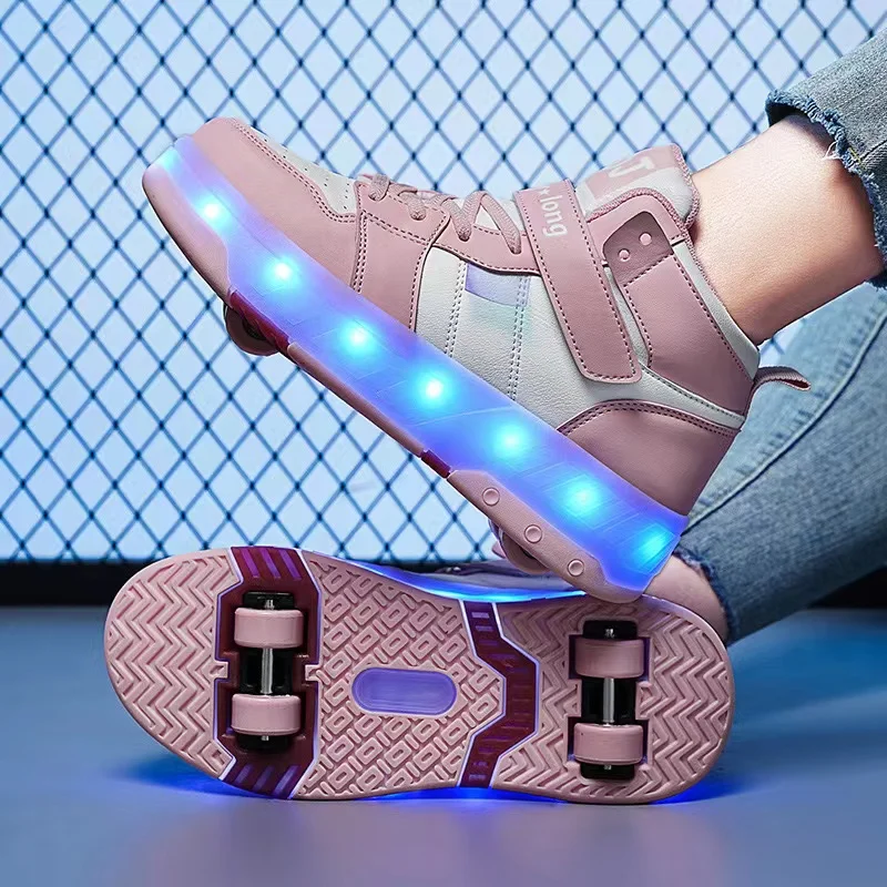 4 Colors Children's Flash Shoes Students Colorful Usb Charging Led Light Roller Skates Deformed Detachable 4-wheel Sneakers