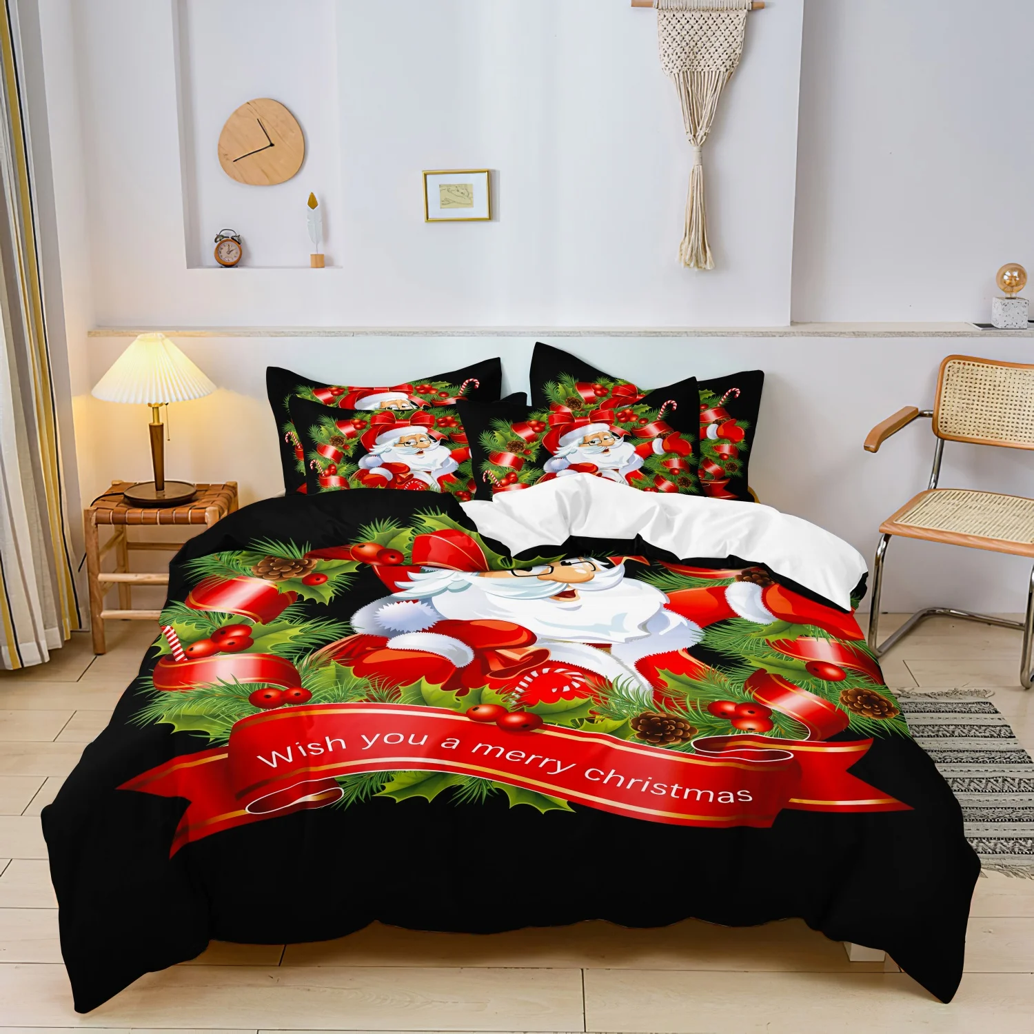 3Pcs Black Santa Christmas Print Duvet Cover Set, Santa Wreath Red Ribbon Holiday Print Bedding, Multiple Sizes Available