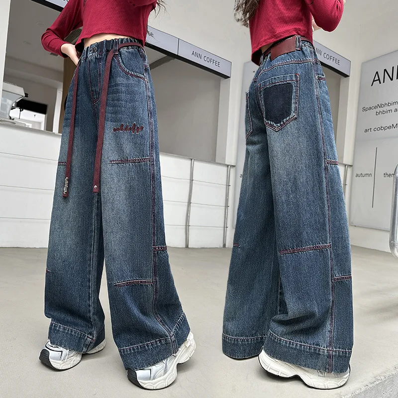 Children Jeans 2026 Spring Autumn New Pants for Girls Solid Color Casual Denim Straight Wide Leg Pants