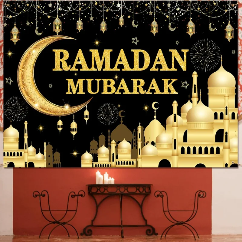 VIKAMA Ramadan Mubarak Banner Wandteppich mit Moschee-Design, Wandbehang für Innen- und Außendekoration, islamischer Fotohintergrund, Dekor
