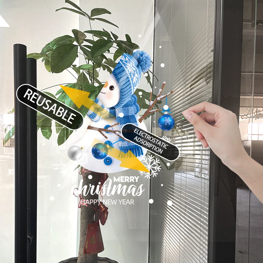 1 Sheet of 45× 60cm Christmas Static Cling Window Stickers, Featuring Blue Knitted Snowman, Christmas Balls, and Snowflake Patterns, Glue-Free and Reusable Glass Stickers, Suitable for Holiday Window Decorations for Ho