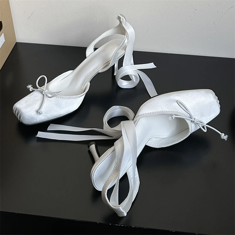 Eilyken Street Style Thin Heels Butterfly-kont Square Toe Women Pumps Sandals Elegant Ankle Lace-up Banquet Mule Shoes