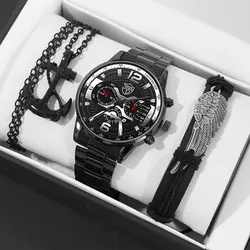 3PCS Luxus Mode Herren Uhren für Männer Halskette Armband Quarz Armbanduhr Männliche Business Casual Leder Armbanduhr