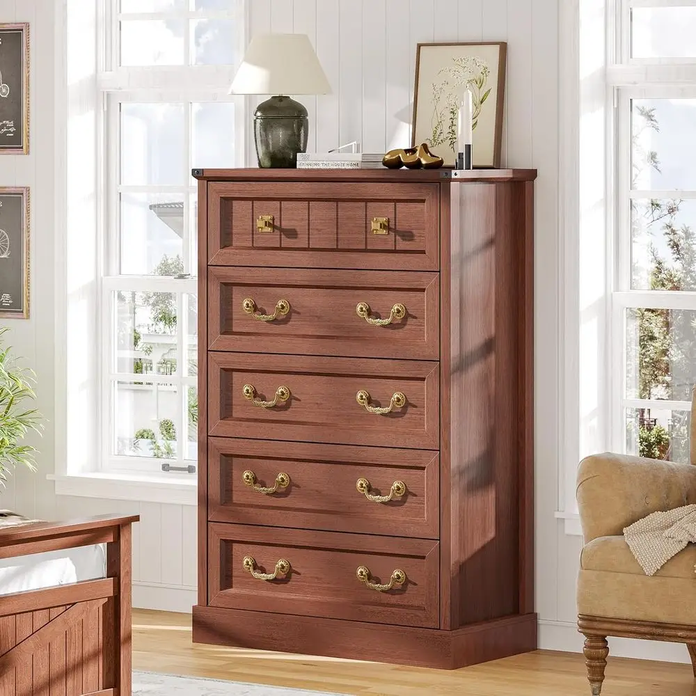 Rustic 48 Tall Natural Texture Chest for Bedroom, Vintage Oak Brown Storage Drawer