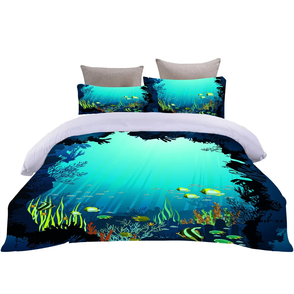 HUANZHUANG Queen Size Bed Boy Girl Comforter Cover Set Blue Underwater World Digital Printing Fashion Bedding Set Duvet Cover Se