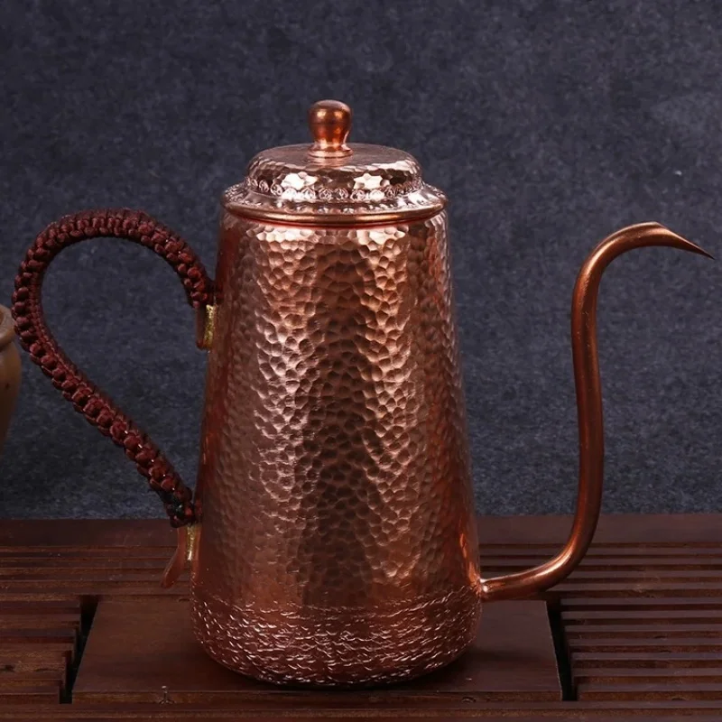 Handcrafted Curved Spout Teapot Vintage Pure Copper Coffee Pot Hammer Texture Weave Portable Heat Resistant Filter Kettle
